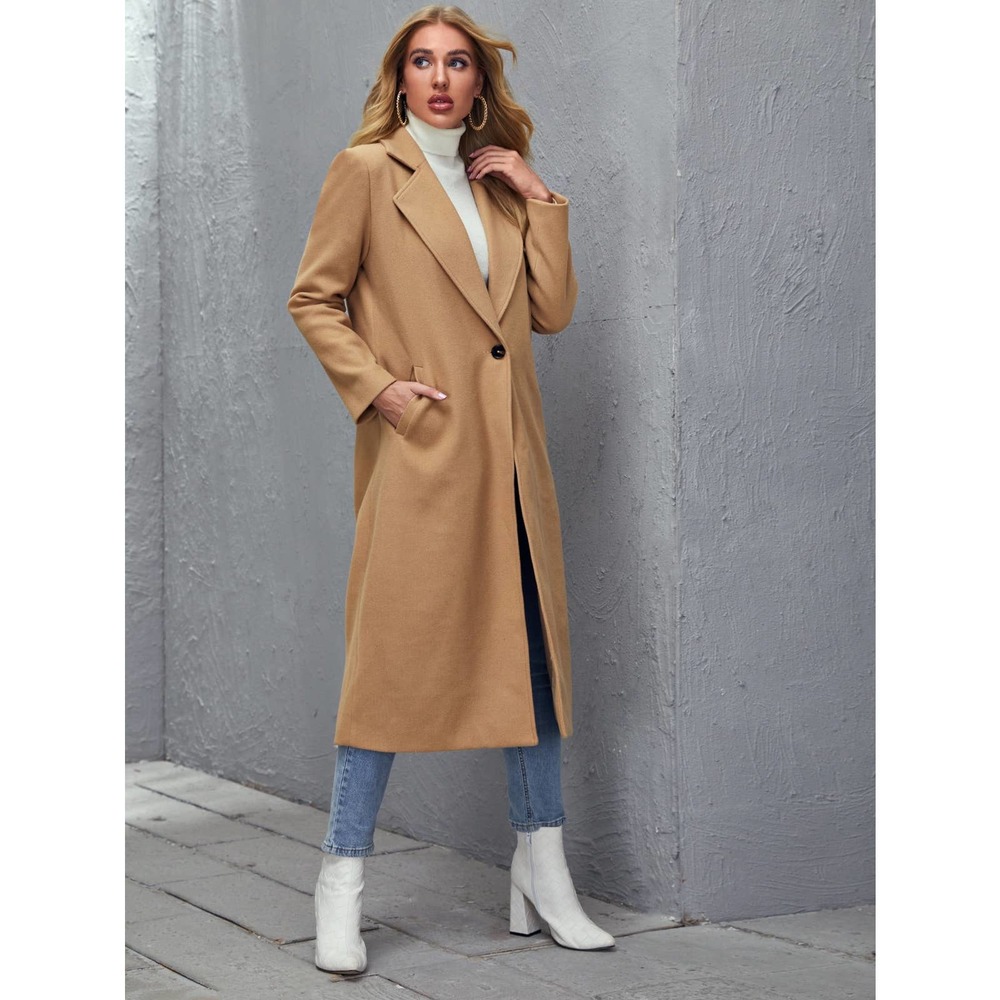 Single Button Overcoat peacoat pea coat preppy tan camel long line - Picture 4 of 7